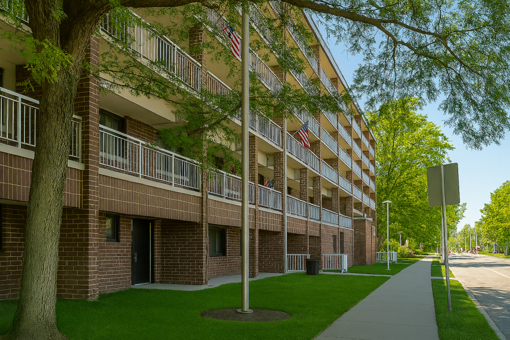 A view of a brick residential building showing the road a nice fresh cut grass.